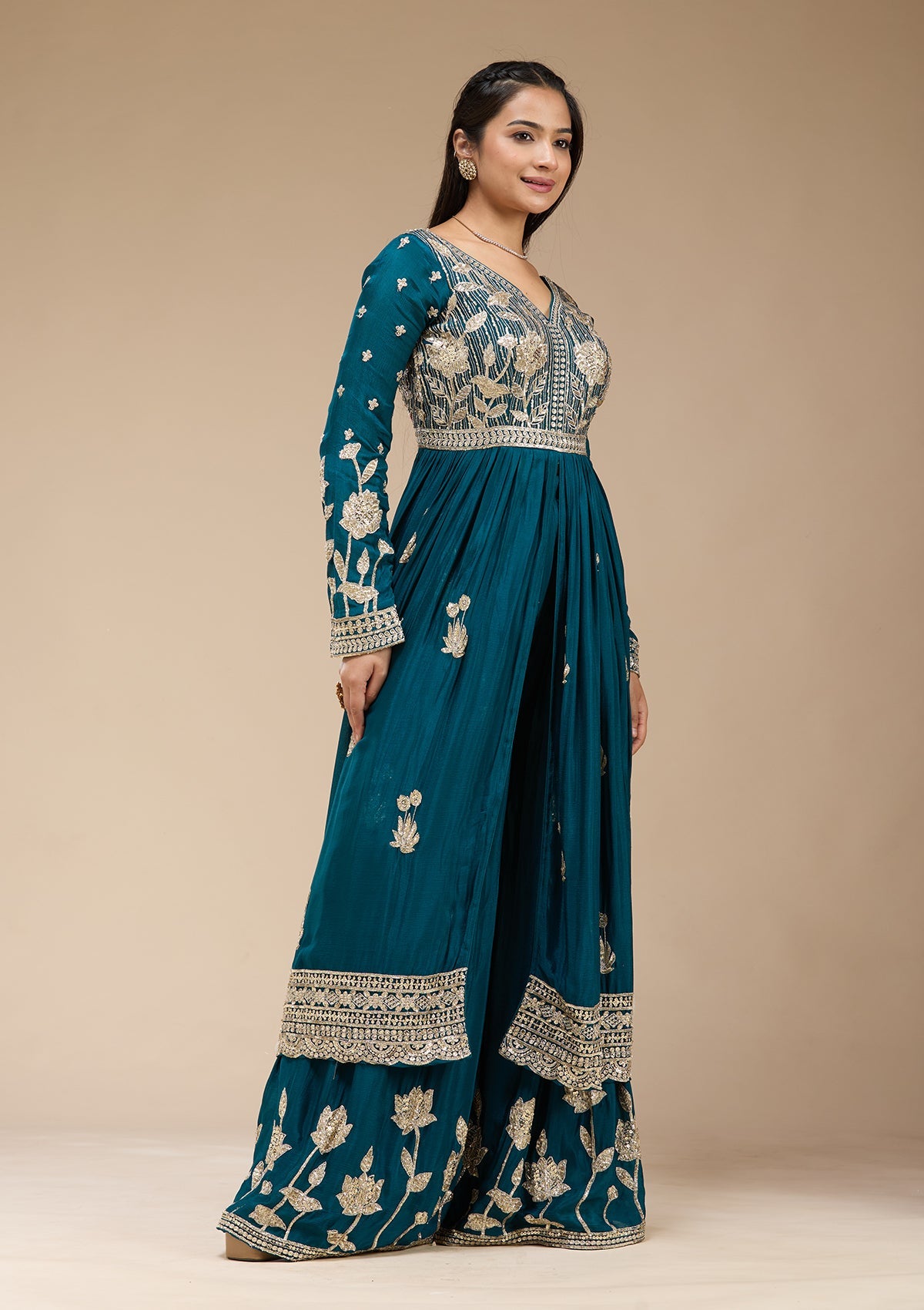 Peacock Blue Sequins Soft Raw Silk Readymade Salwar Suit-koskii
