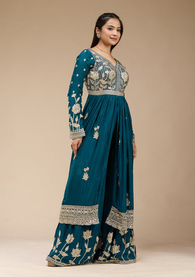 Peacock Blue Sequins Soft Raw Silk Readymade Salwar Suit-koskii