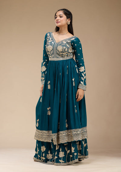 Peacock Blue Sequins Soft Raw Silk Readymade Salwar Suit-koskii