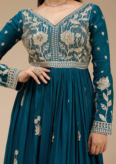 Peacock Blue Sequins Soft Raw Silk Readymade Salwar Suit-koskii