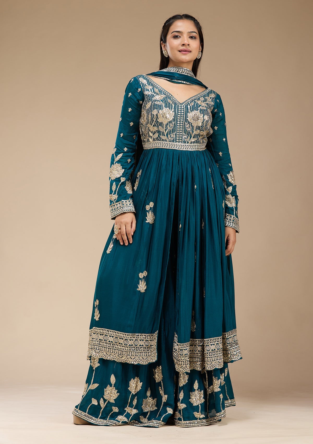 Peacock Blue Sequins Soft Raw Silk Readymade Salwar Suit-koskii