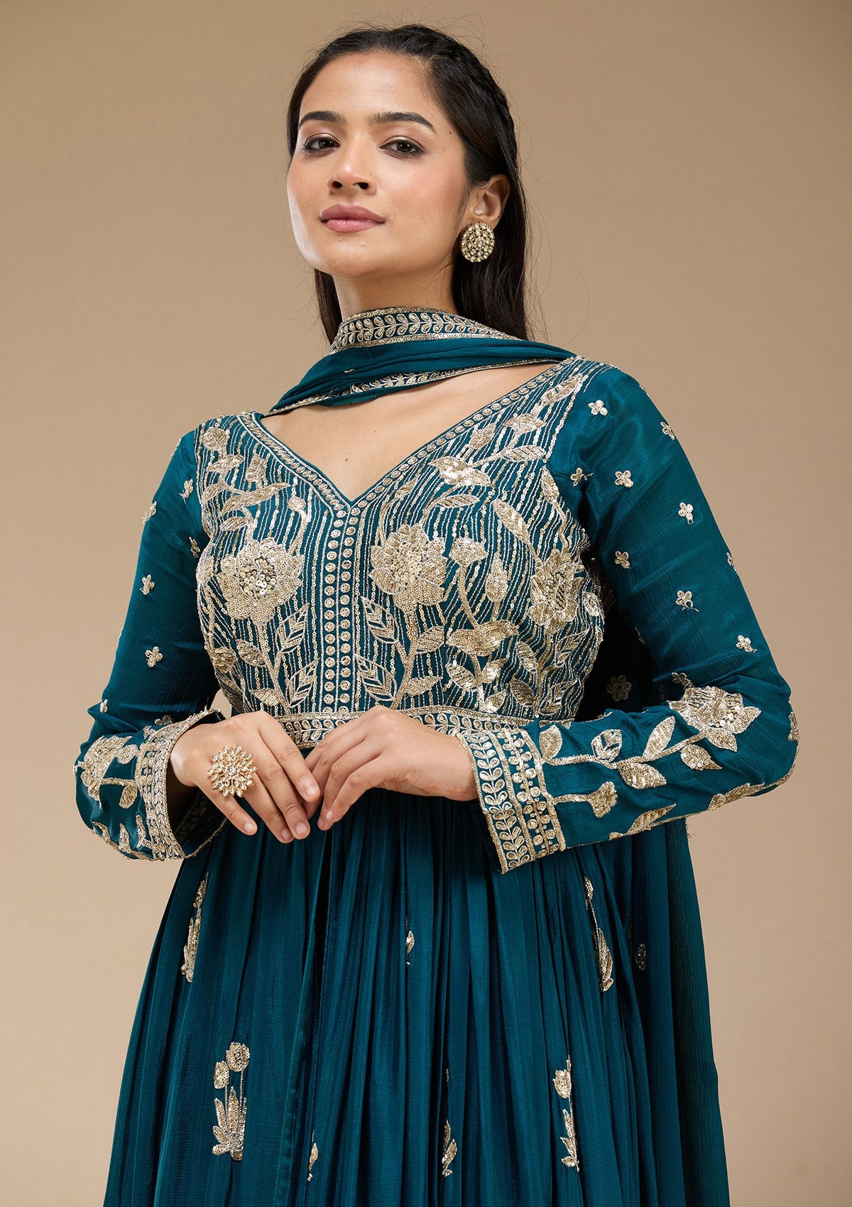 Peacock Blue Sequins Soft Raw Silk Readymade Salwar Suit-koskii
