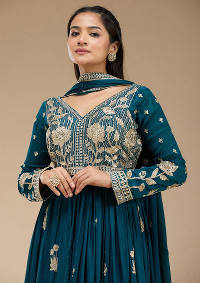 Peacock Blue Sequins Soft Raw Silk Readymade Salwar Suit-koskii