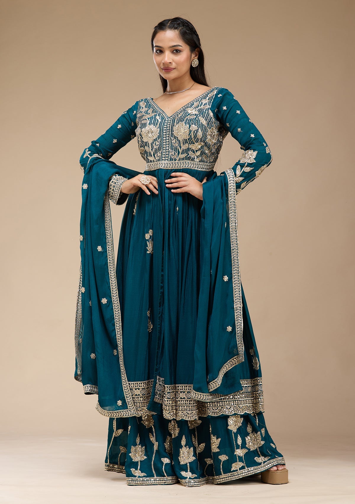 Peacock Blue Sequins Soft Raw Silk Readymade Salwar Suit-koskii