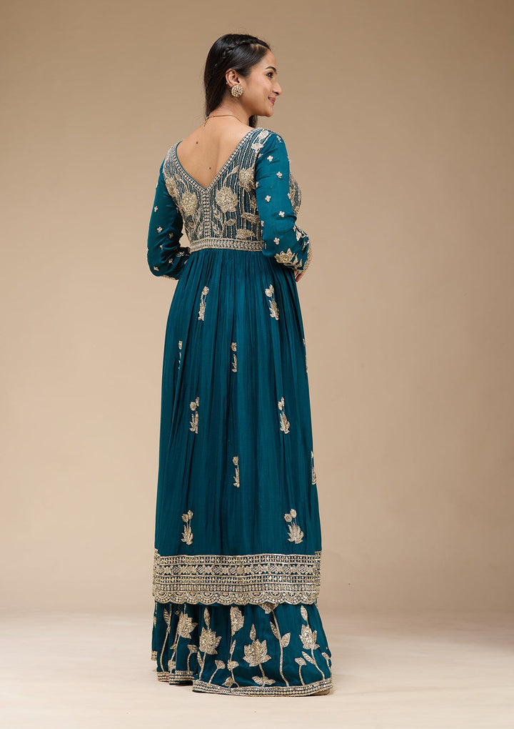 Peacock Blue Sequins Soft Raw Silk Readymade Salwar Suit-koskii