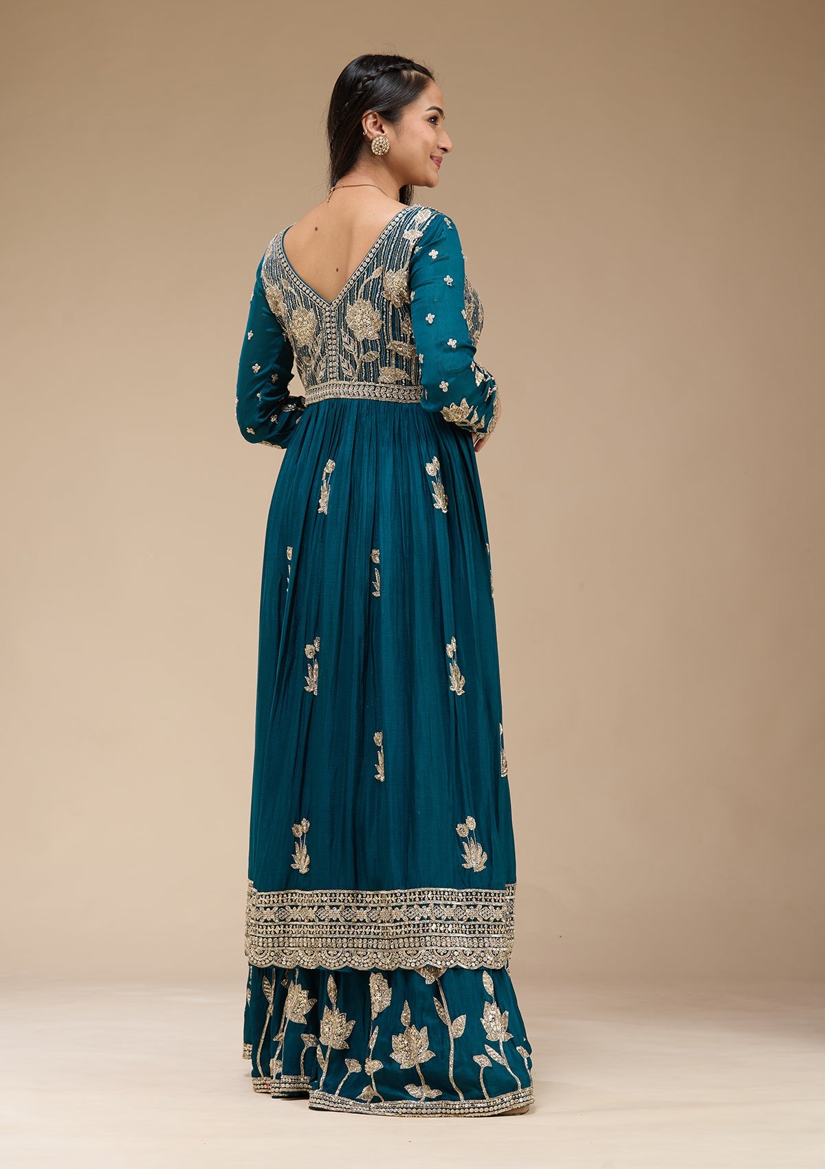 Peacock Blue Sequins Soft Raw Silk Readymade Salwar Suit-koskii