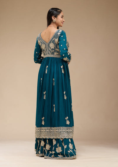 Peacock Blue Sequins Soft Raw Silk Readymade Salwar Suit-koskii