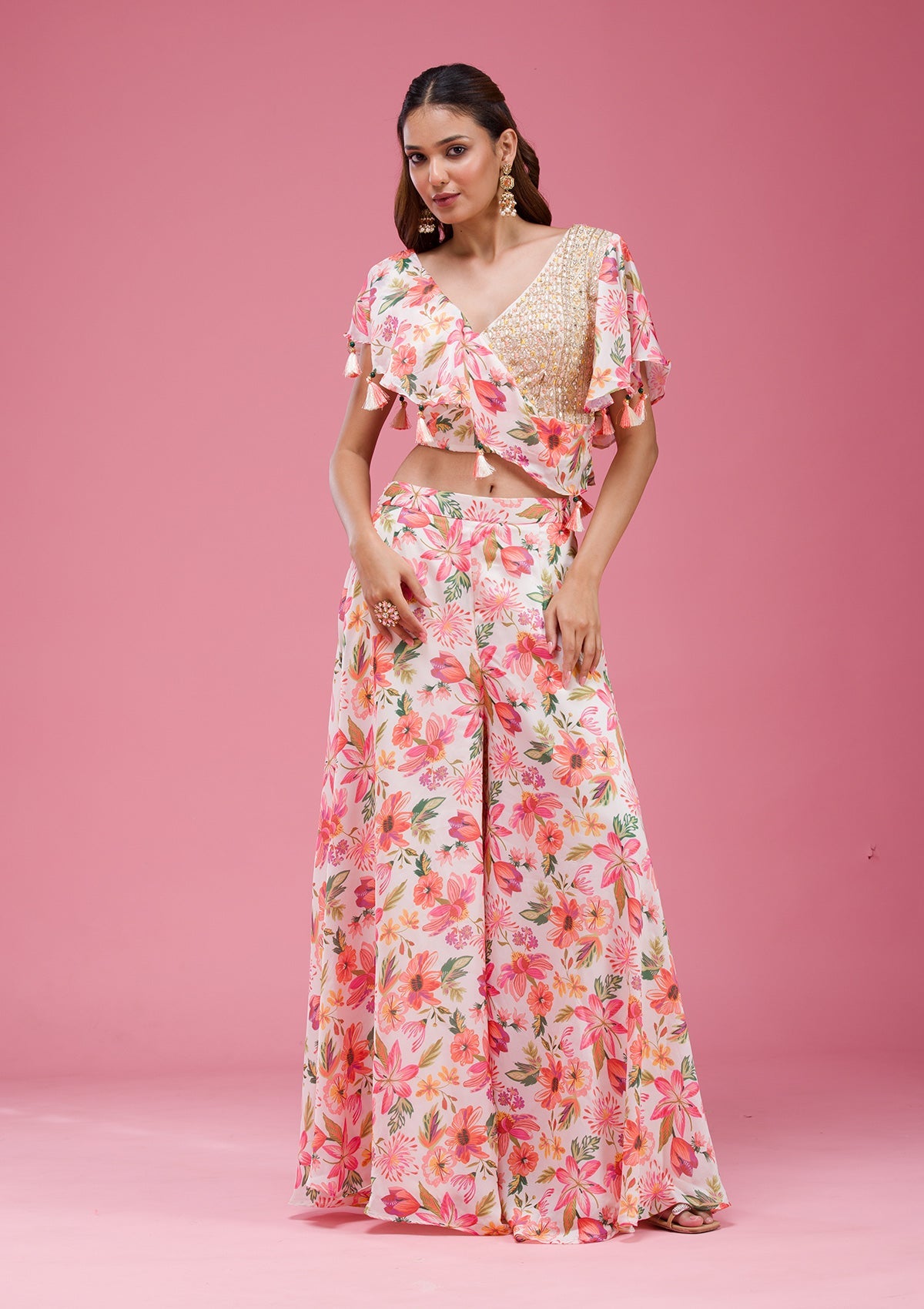 Rani Pink Cording Chinon Saree-koskii