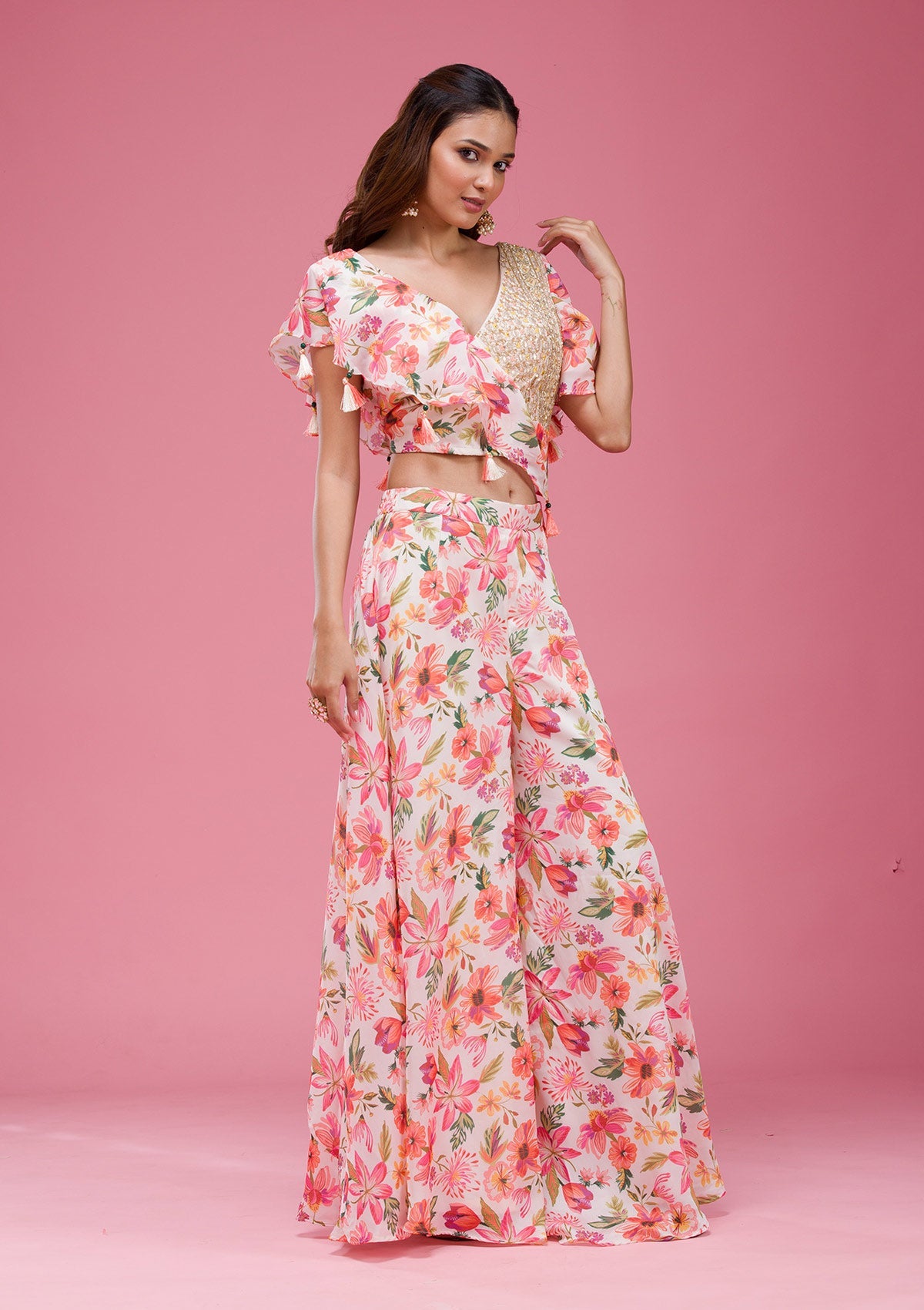 Rani Pink Cording Chinon Saree-koskii