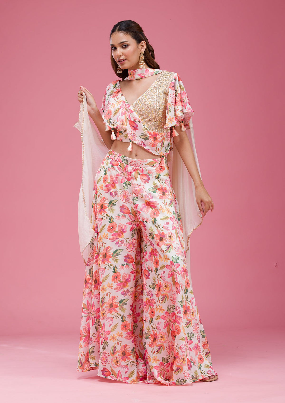 Rani Pink Cording Chinon Saree-koskii