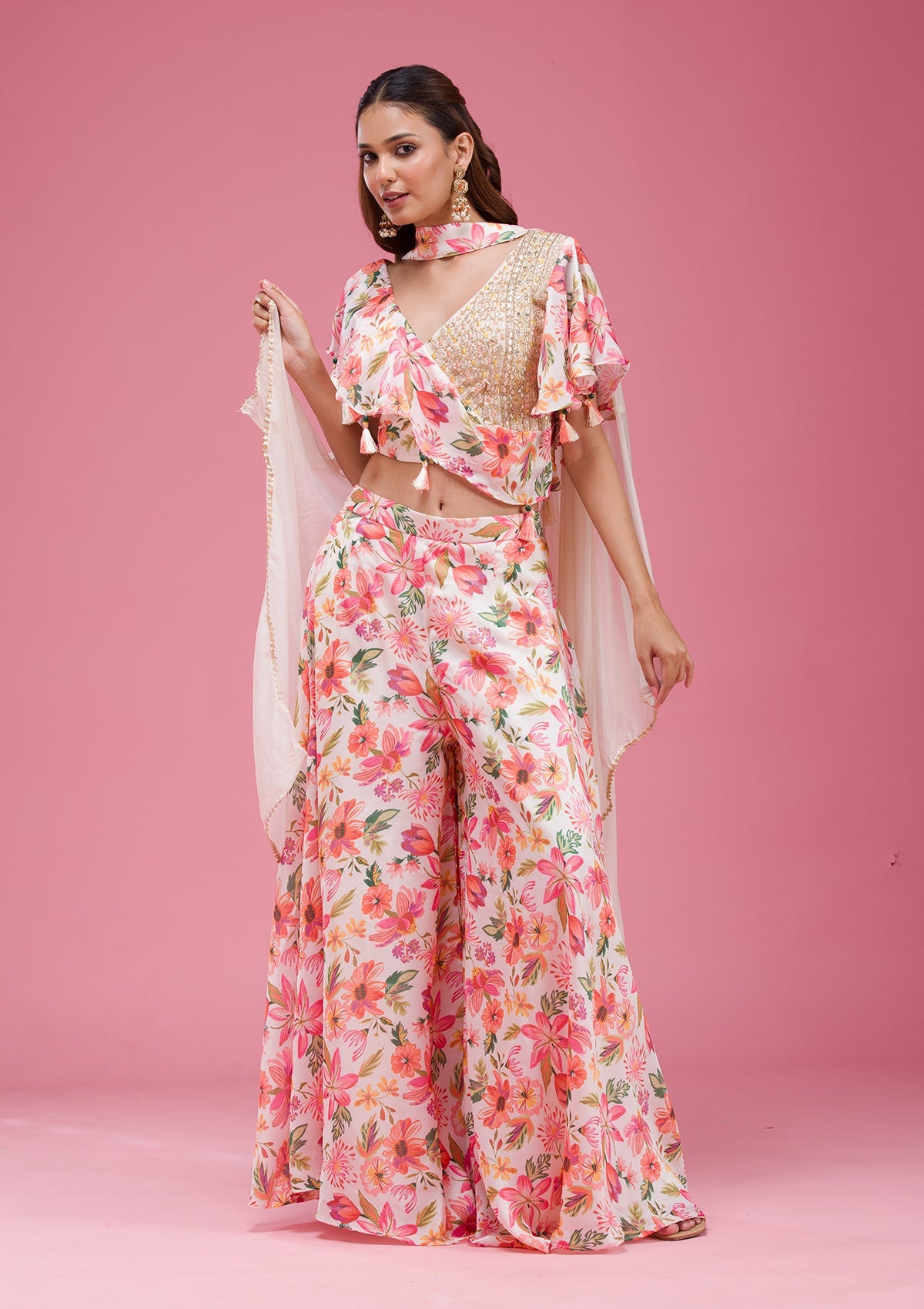 Rani Pink Cording Chinon Saree-koskii