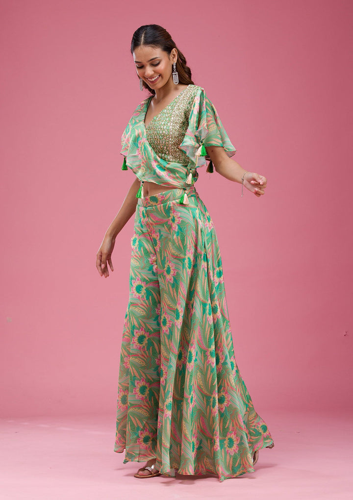 Rama Green Cording Chinon Saree-koskii