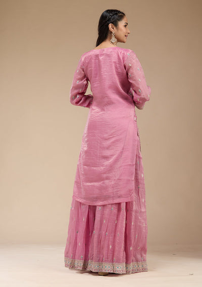 Pink Zariwork (Gold) Organza Readymade Salwar Suit-koskii