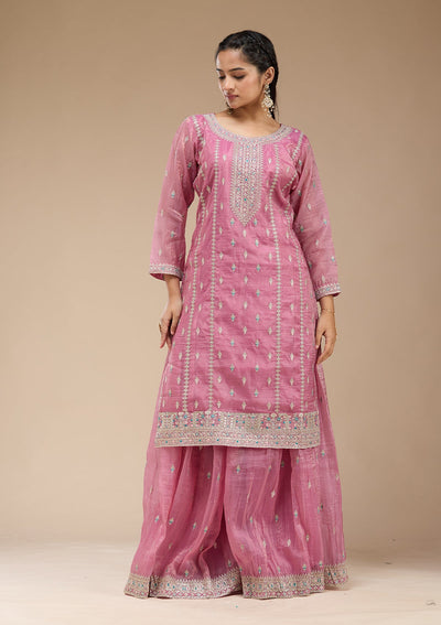 Pink Zariwork (Gold) Organza Readymade Salwar Suit-koskii