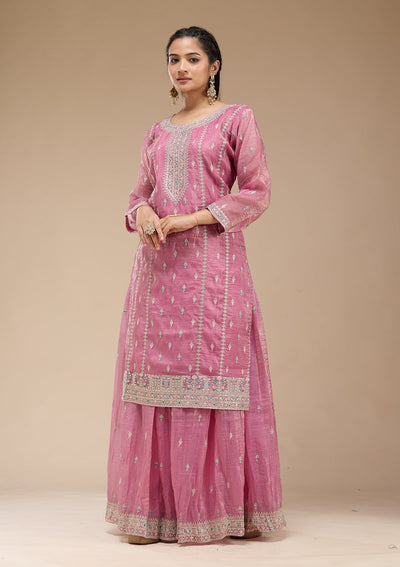 Pink Zariwork (Gold) Organza Readymade Salwar Suit-koskii