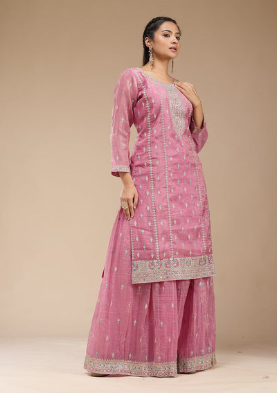 Pink Zariwork (Gold) Organza Readymade Salwar Suit-koskii