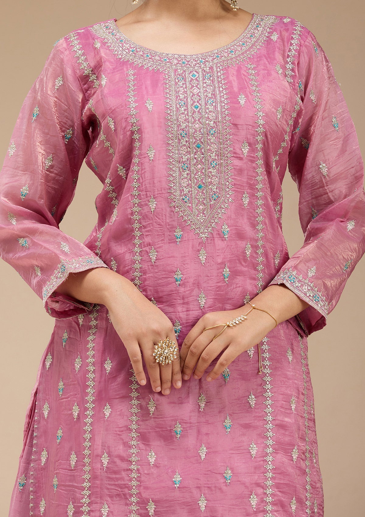 Pink Zariwork (Gold) Organza Readymade Salwar Suit-koskii