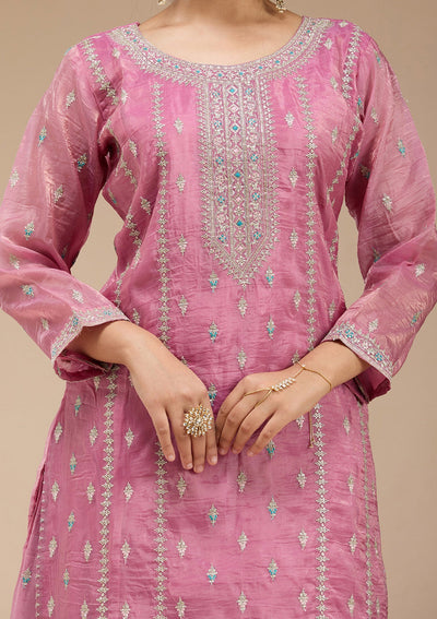 Pink Zariwork (Gold) Organza Readymade Salwar Suit-koskii