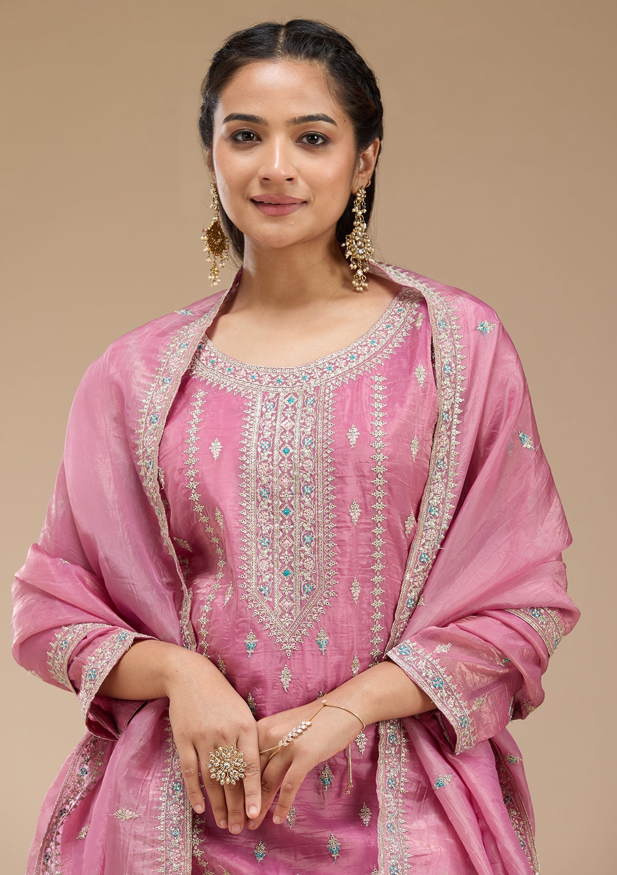 Pink Zariwork (Gold) Organza Readymade Salwar Suit-koskii