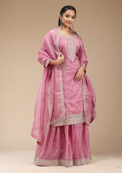 Pink Zariwork (Gold) Organza Readymade Salwar Suit-koskii