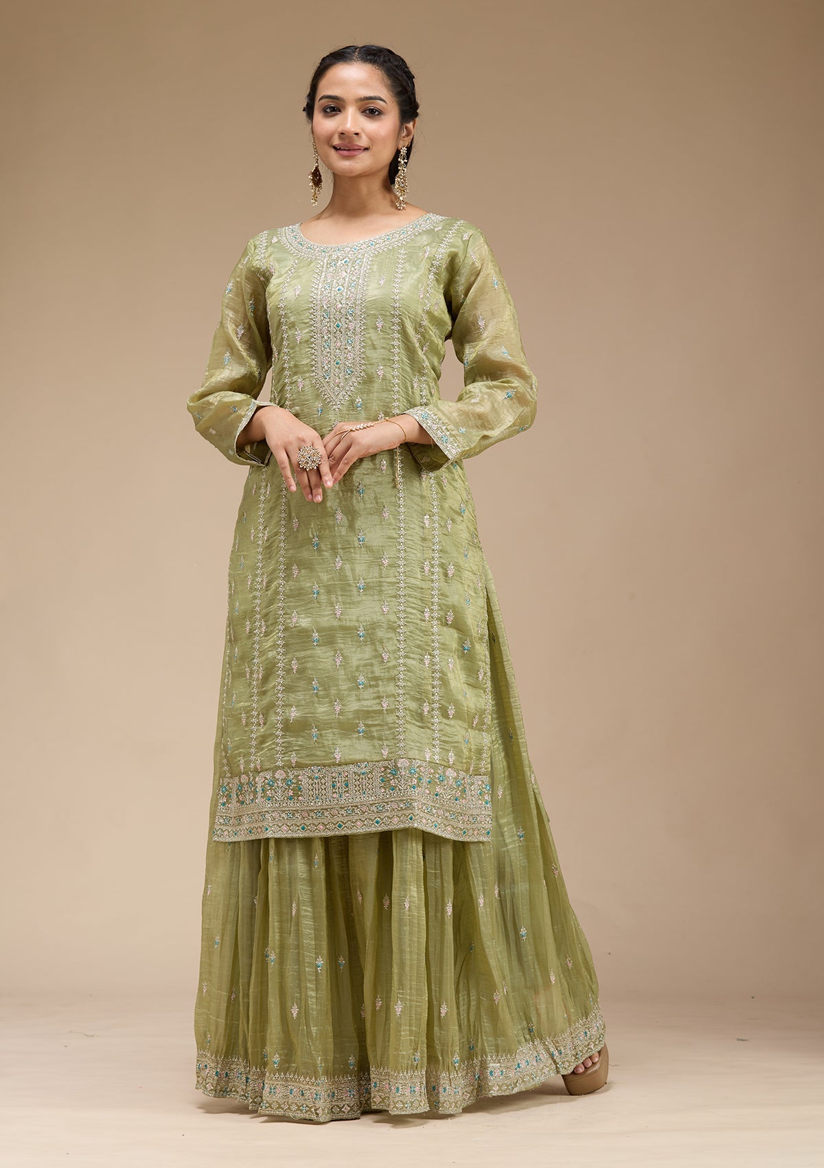 Pista Green Zariwork (Gold) Organza Readymade Salwar Suit-koskii