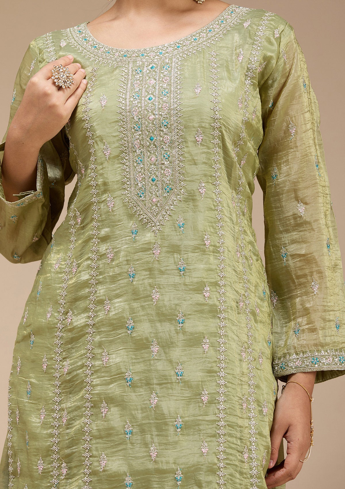 Pista Green Zariwork (Gold) Organza Readymade Salwar Suit-koskii