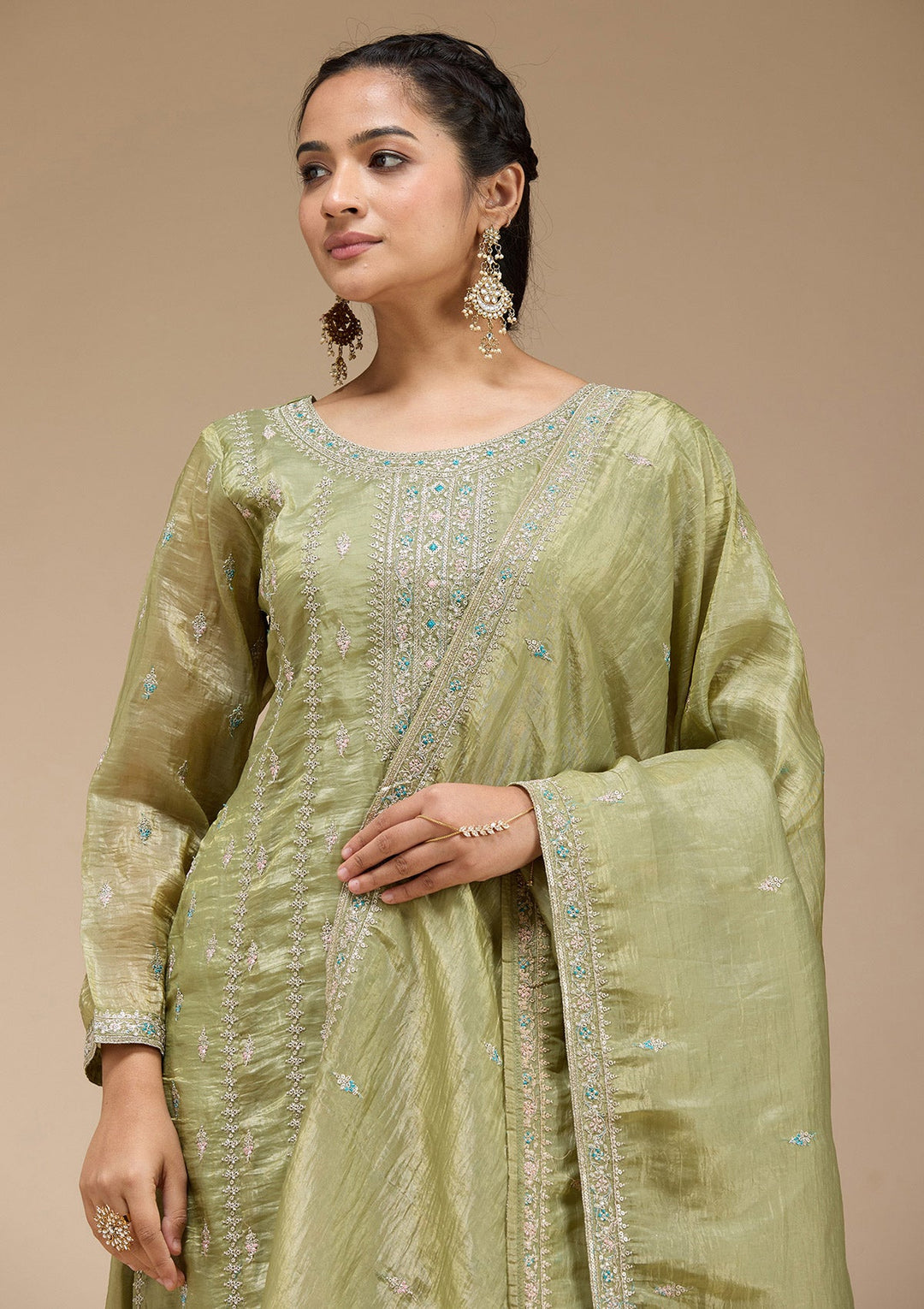 Pista Green Zariwork (Gold) Organza Readymade Salwar Suit-koskii
