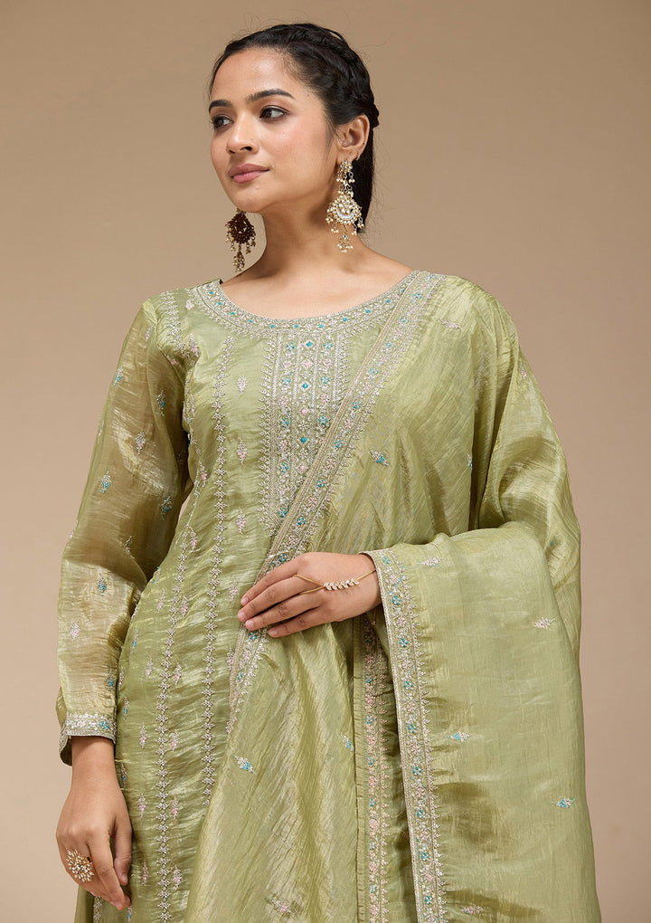 Pista Green Zariwork (Gold) Organza Readymade Salwar Suit-koskii