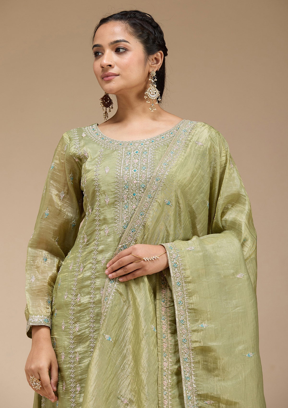 Pista Green Zariwork (Gold) Organza Readymade Salwar Suit-koskii