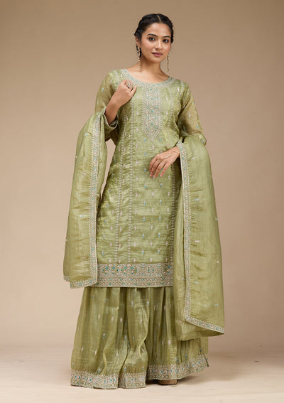Pista Green Zariwork (Gold) Organza Readymade Salwar Suit-koskii