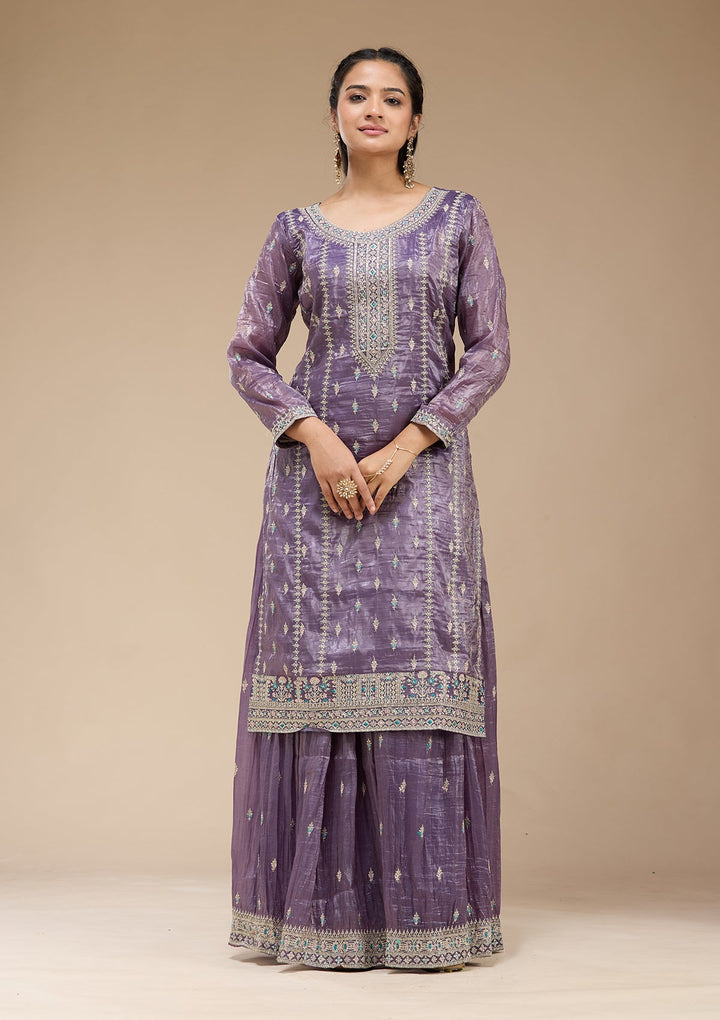 Purple Zariwork (Gold) Organza Readymade Salwar Suit-koskii