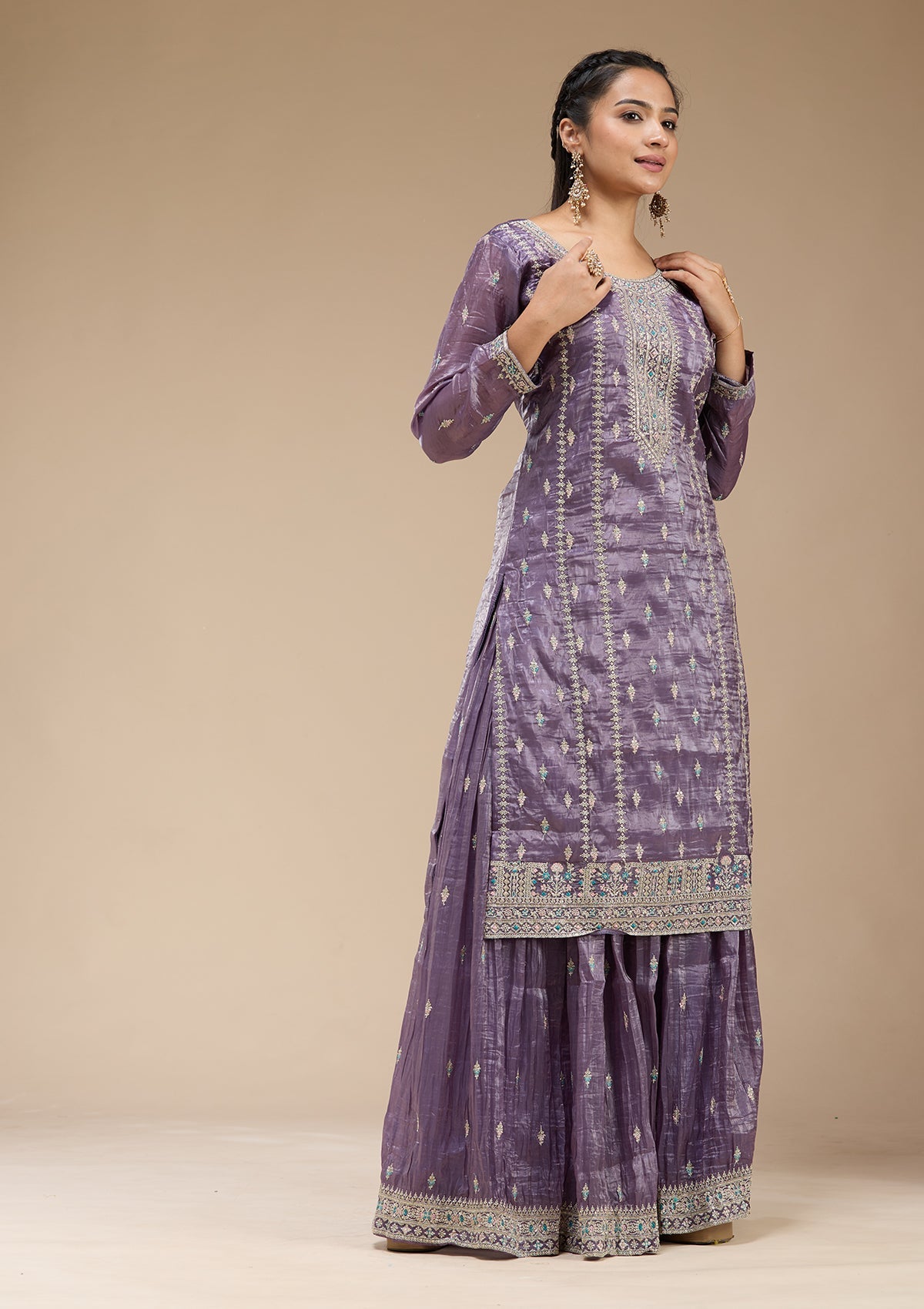 Purple Zariwork (Gold) Organza Readymade Salwar Suit-koskii