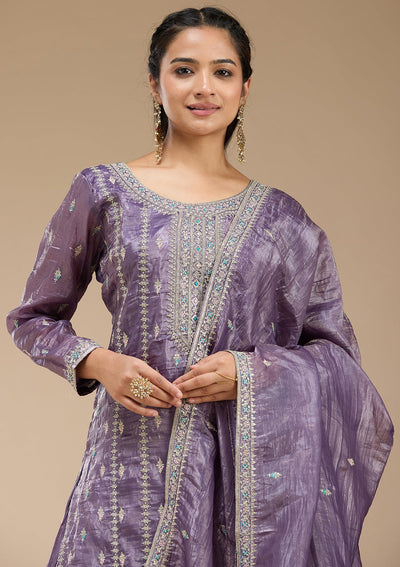 Purple Zariwork (Gold) Organza Readymade Salwar Suit-koskii