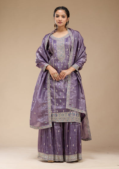 Purple Zariwork (Gold) Organza Readymade Salwar Suit-koskii