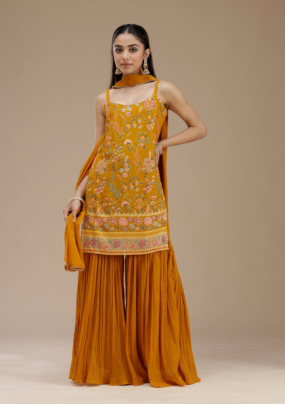 Mustard Threadwork Georgette Readymade Salwar Suit_koskii
