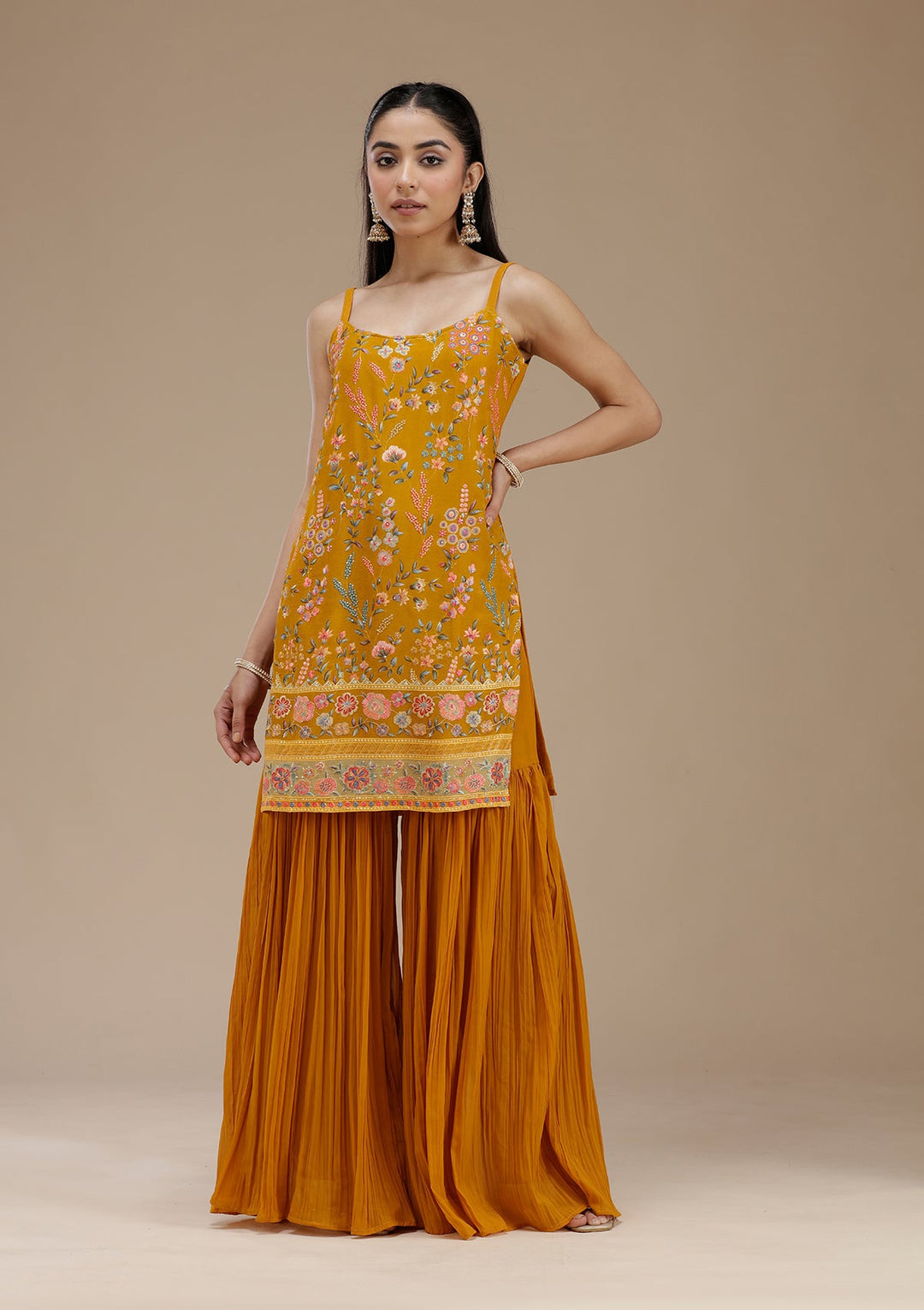 Mustard Threadwork Georgette Readymade Salwar Suit_koskii