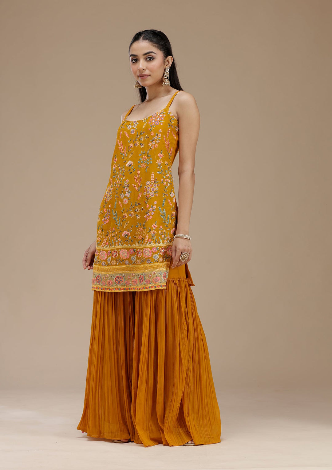 Mustard Threadwork Georgette Readymade Salwar Suit_koskii