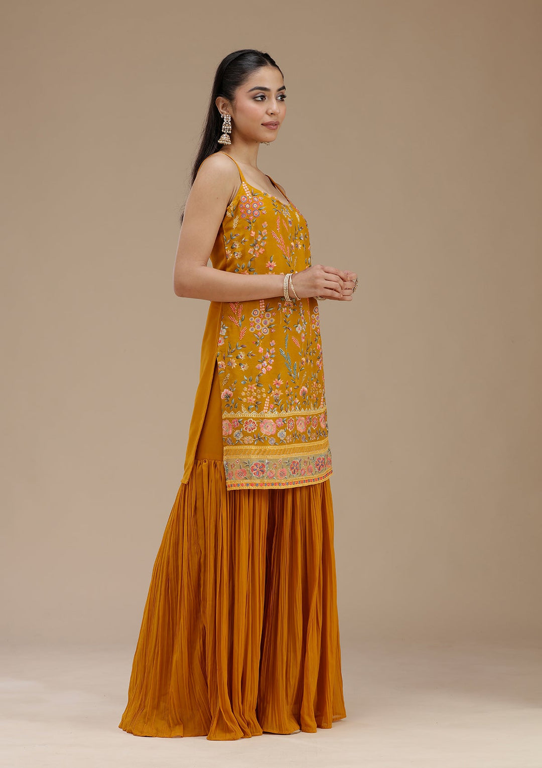 Mustard Threadwork Georgette Readymade Salwar Suit_koskii