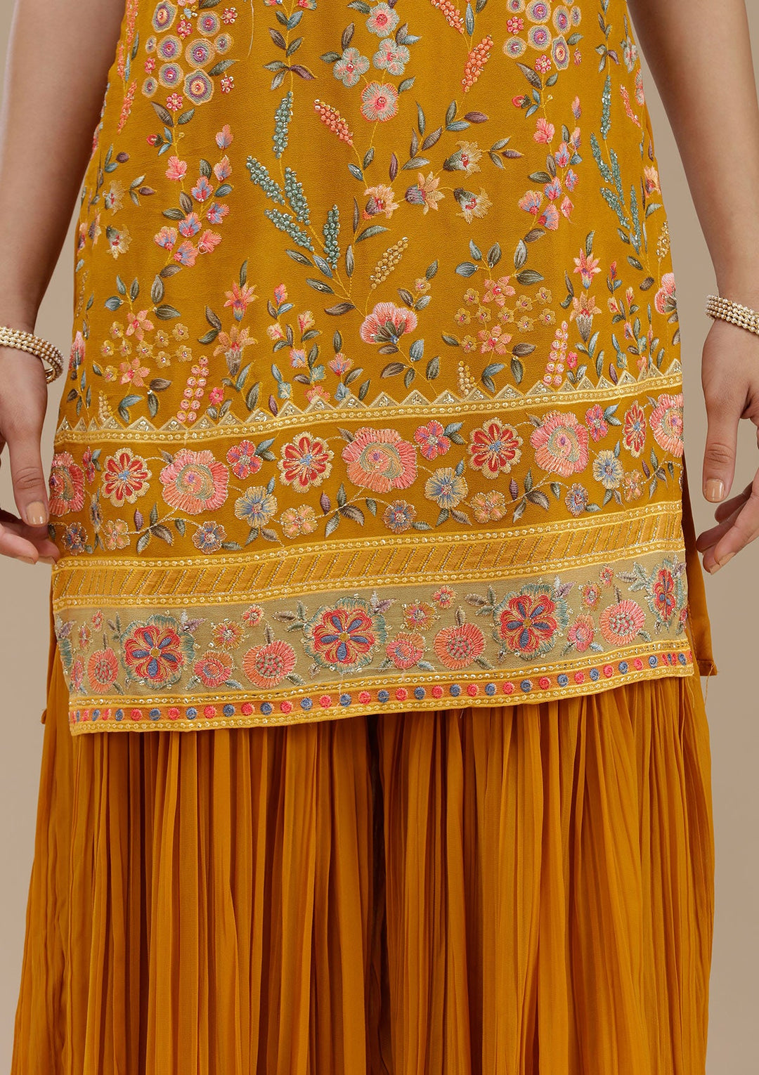 Mustard Threadwork Georgette Readymade Salwar Suit_koskii