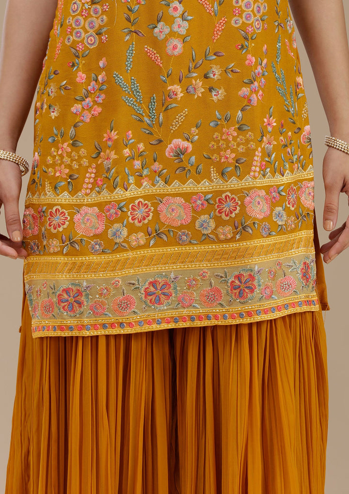 Mustard Threadwork Georgette Readymade Salwar Suit_koskii