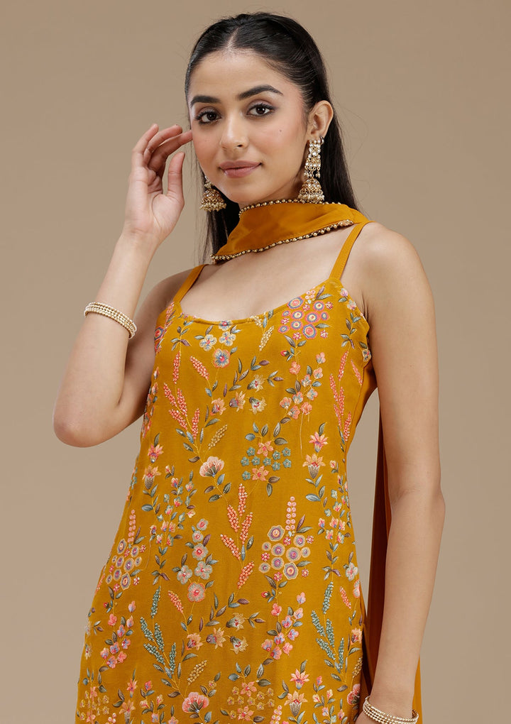 Mustard Threadwork Georgette Readymade Salwar Suit_koskii