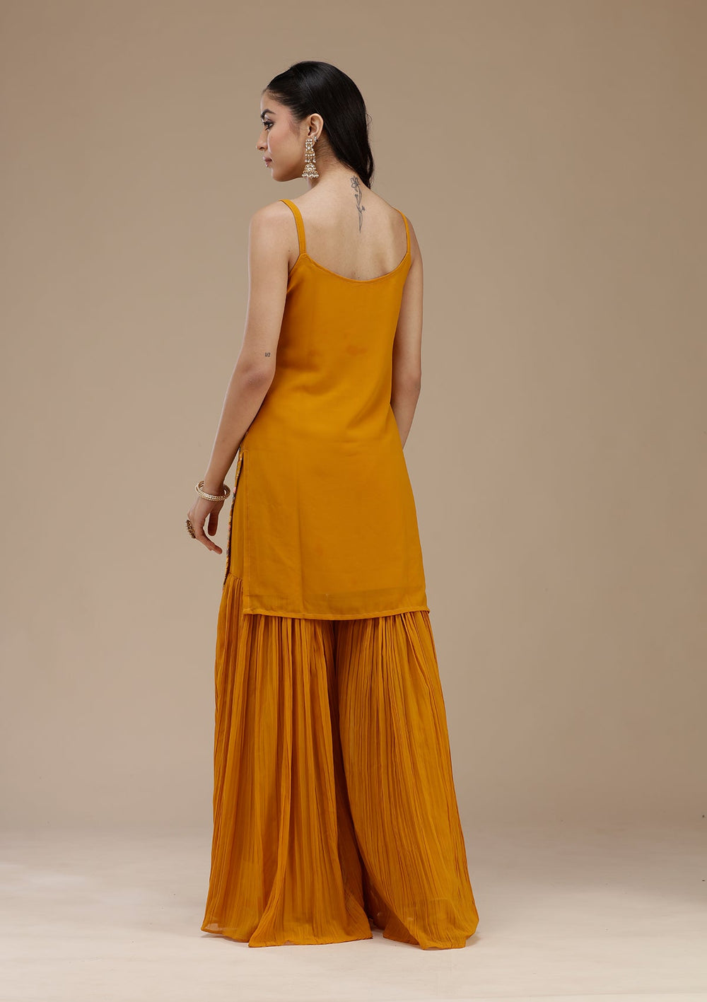 Mustard Threadwork Georgette Readymade Salwar Suit_koskii