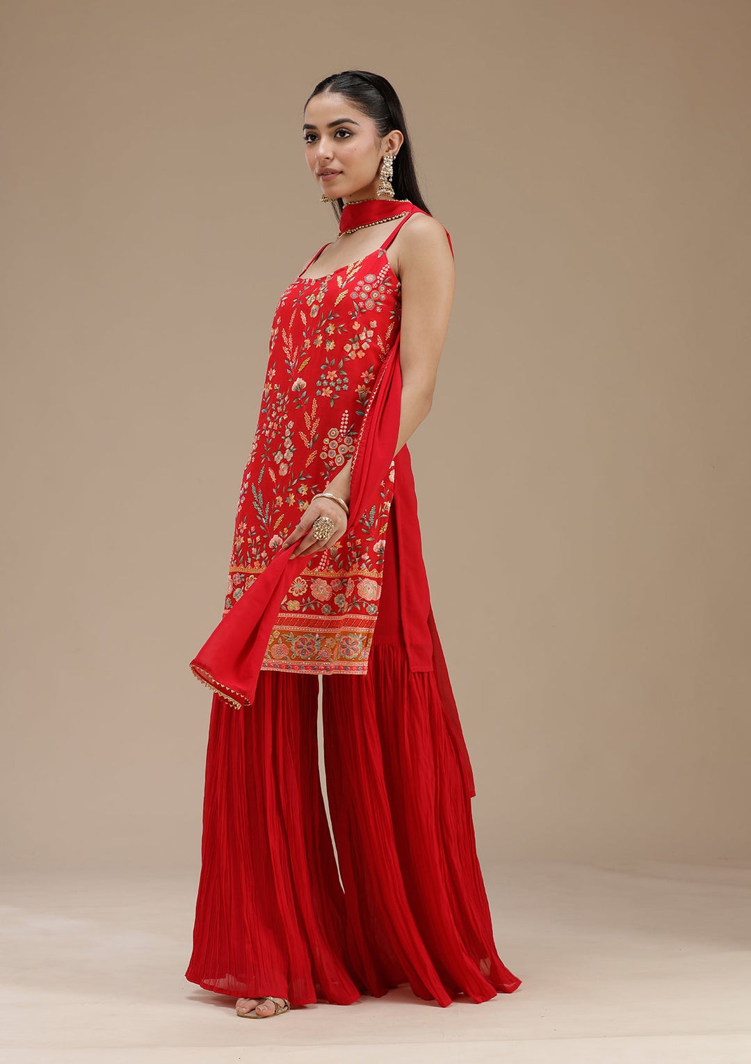 Red Threadwork Georgette Readymade Salwar Suit_koskii