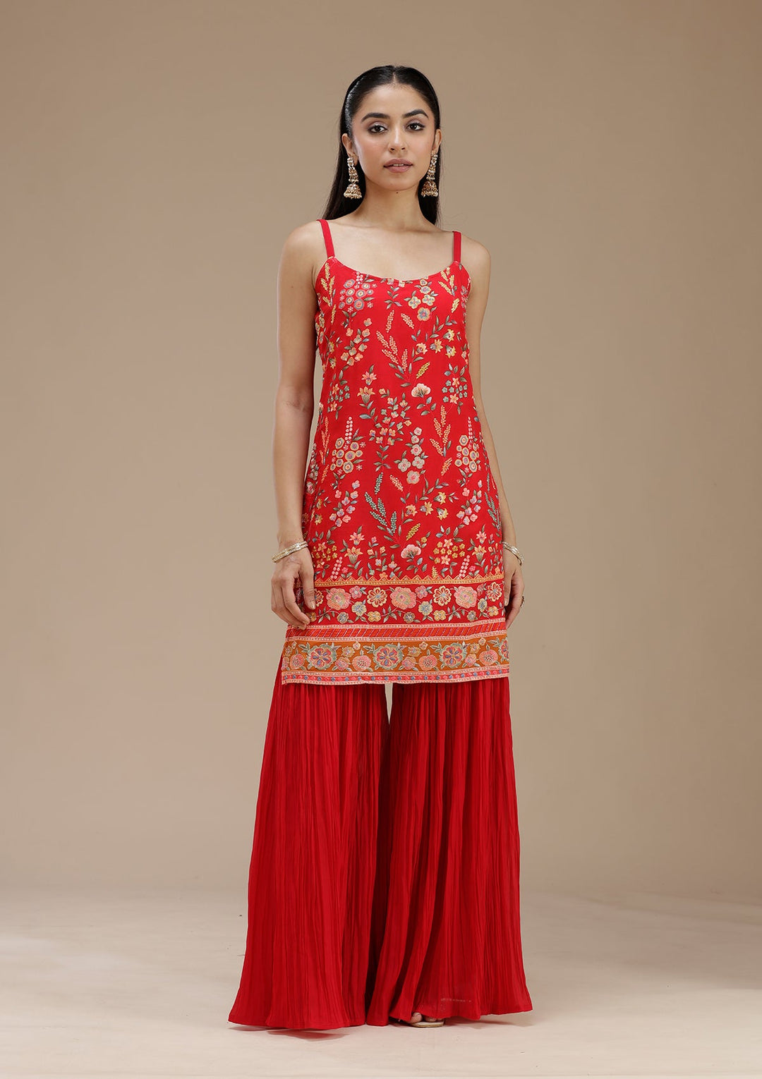 Red Threadwork Georgette Readymade Salwar Suit_koskii