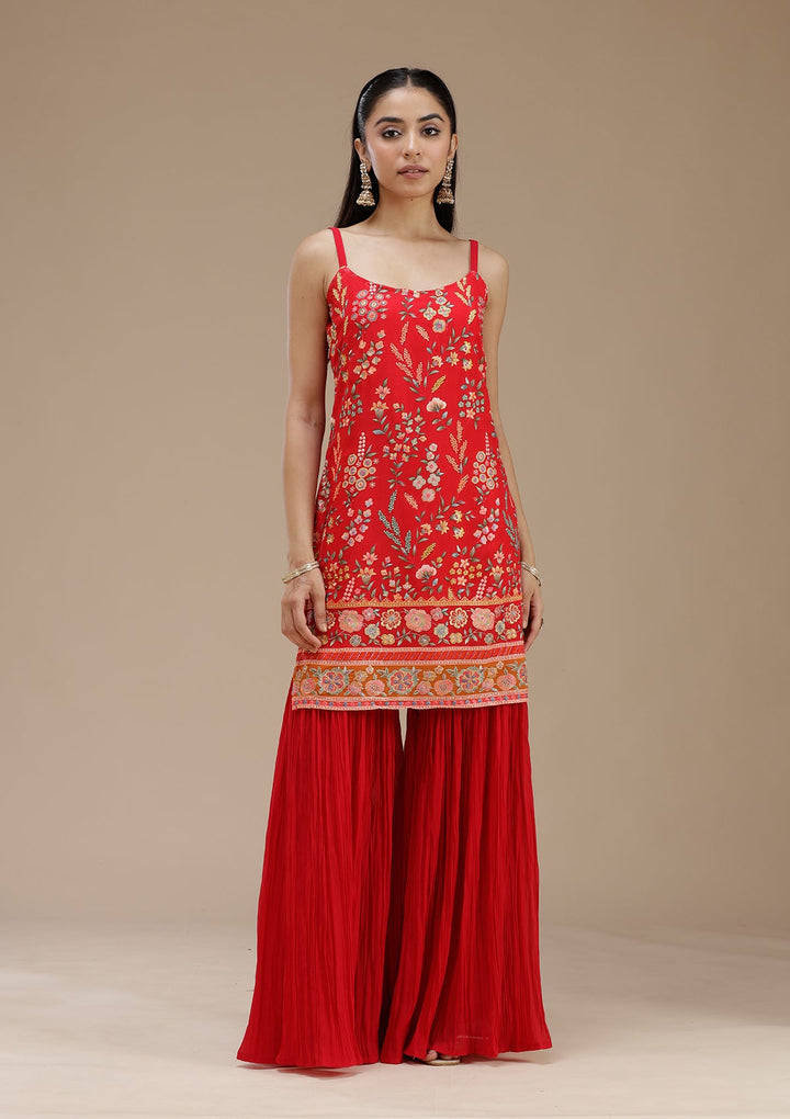 Red Threadwork Georgette Readymade Salwar Suit_koskii
