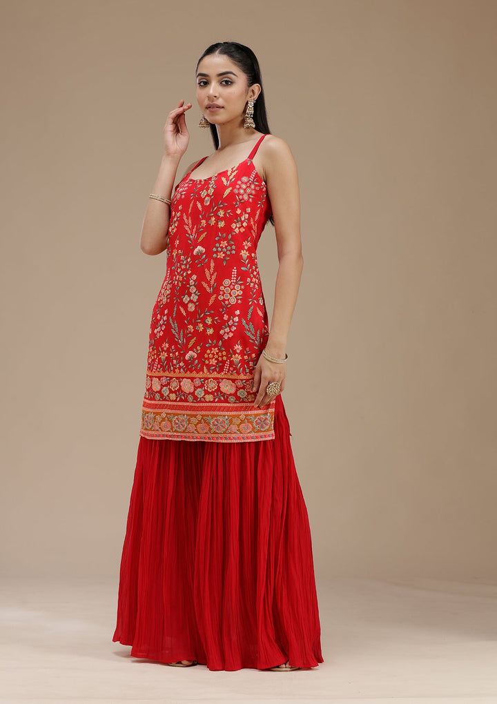 Red Threadwork Georgette Readymade Salwar Suit_koskii