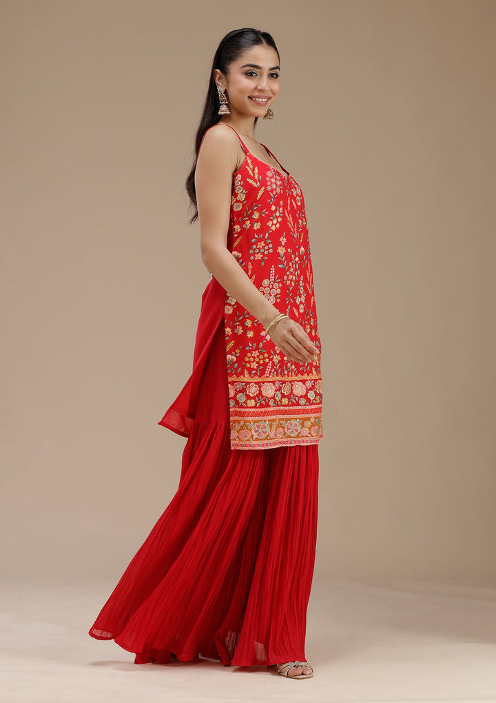 Red Threadwork Georgette Readymade Salwar Suit_koskii