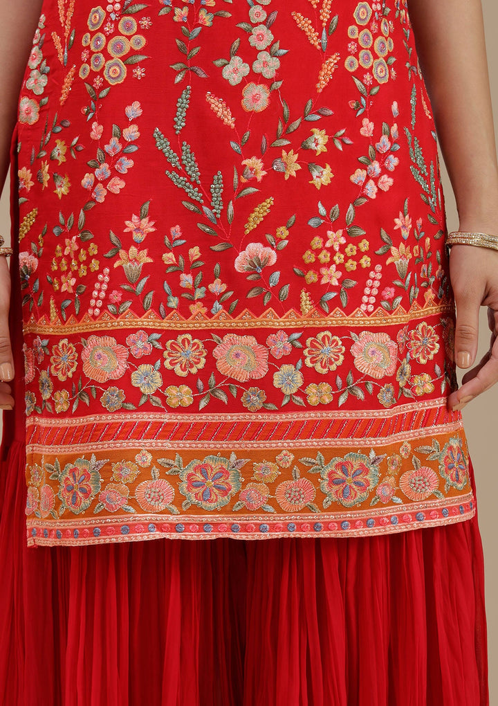Red Threadwork Georgette Readymade Salwar Suit_koskii
