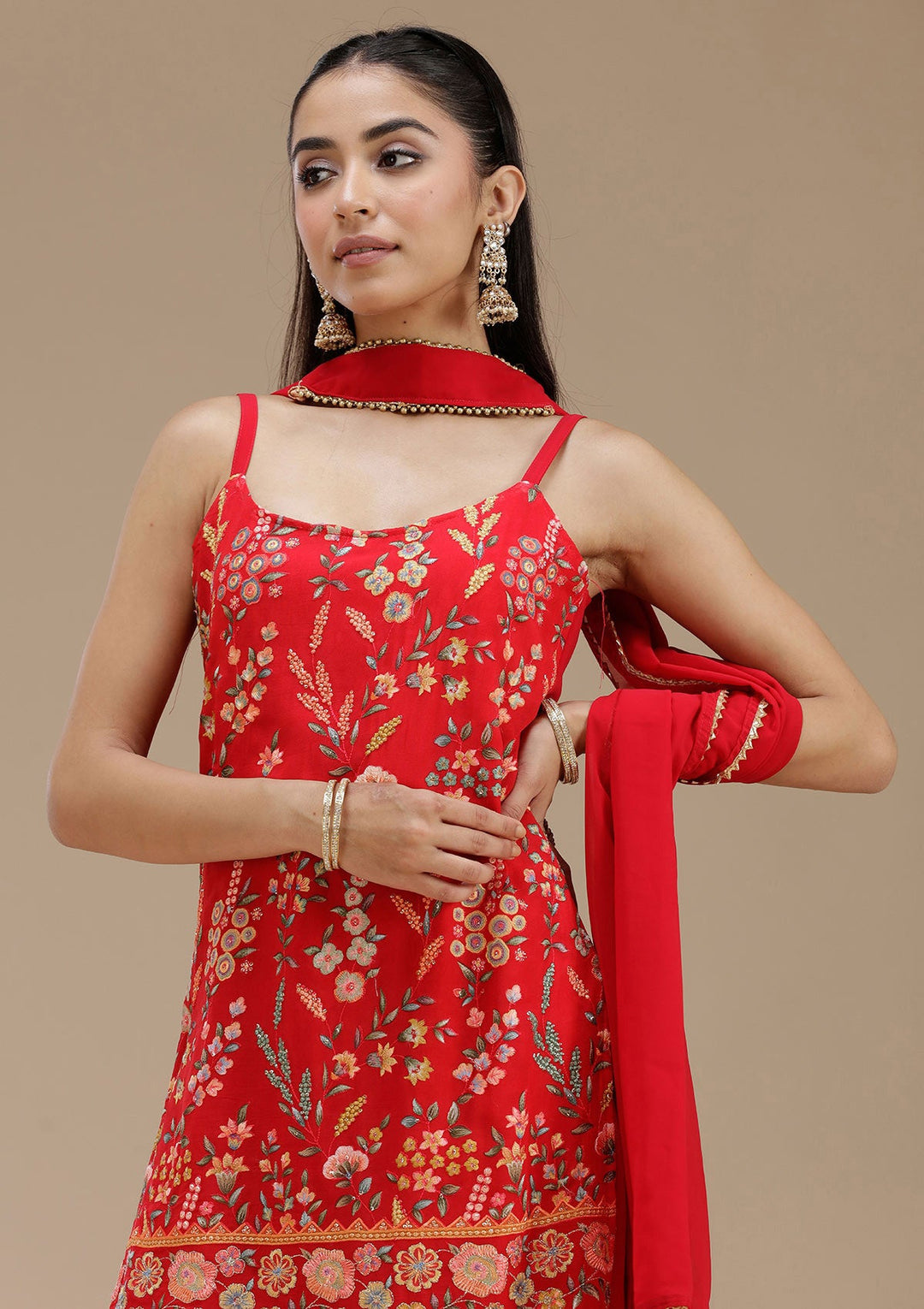 Red Threadwork Georgette Readymade Salwar Suit_koskii
