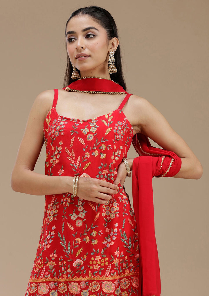 Red Threadwork Georgette Readymade Salwar Suit_koskii